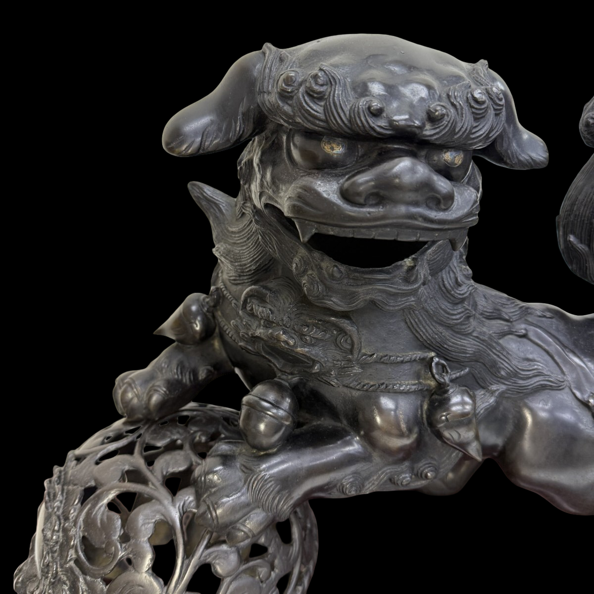 Monumental Bronze Shishi Guardian with Openwork Jewel Ball — Heian-Style Display Sculpture on Carved Stand, approx. 55 cm