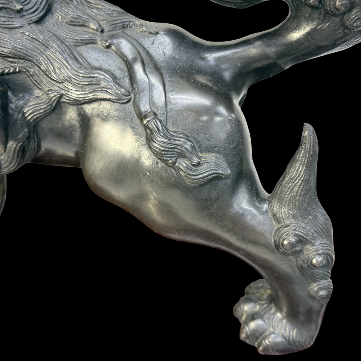 Monumental Bronze Shishi Guardian with Openwork Jewel Ball — Heian-Style Display Sculpture on Carved Stand, approx. 55 cm