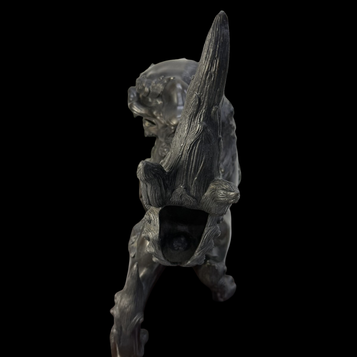 Monumental Bronze Shishi Guardian with Openwork Jewel Ball — Heian-Style Display Sculpture on Carved Stand, approx. 55 cm