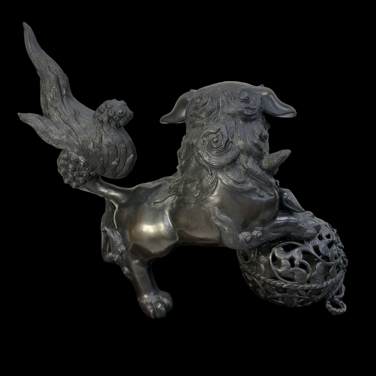 Monumental Bronze Shishi Guardian with Openwork Jewel Ball — Heian-Style Display Sculpture on Carved Stand, approx. 55 cm