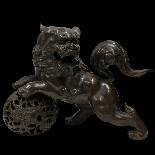 Showa Vintage Japanese Guardian Shishi Foo Fu Dog / Lion Metal Okimono with Jewel Ball