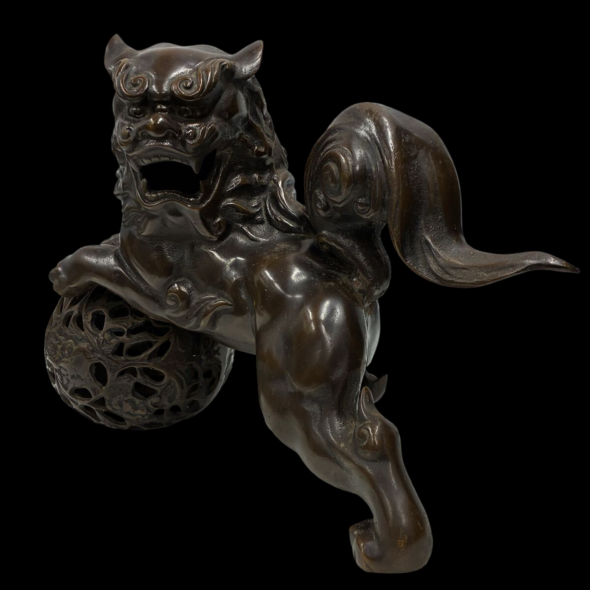 Showa Vintage Japanese Guardian Shishi Foo Fu Dog / Lion Metal Okimono with Jewel Ball