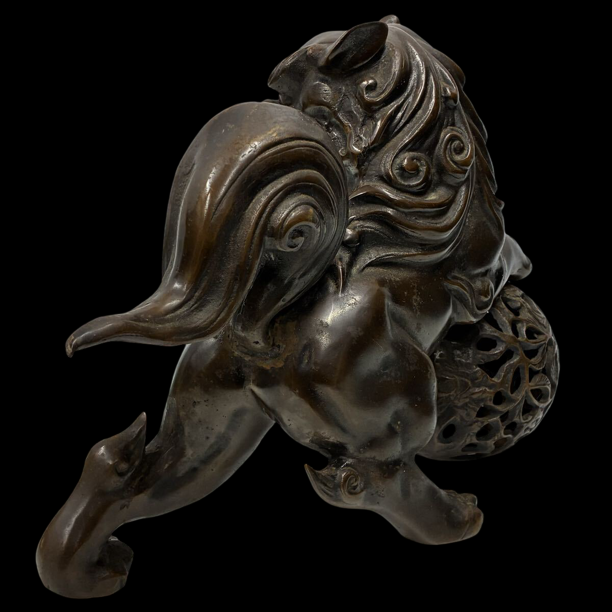 Showa Vintage Japanese Guardian Shishi Foo Fu Dog / Lion Metal Okimono with Jewel Ball