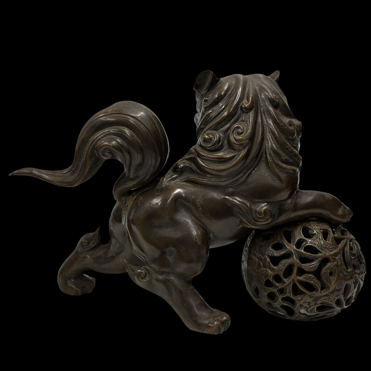 Showa Vintage Japanese Guardian Shishi Foo Fu Dog / Lion Metal Okimono with Jewel Ball