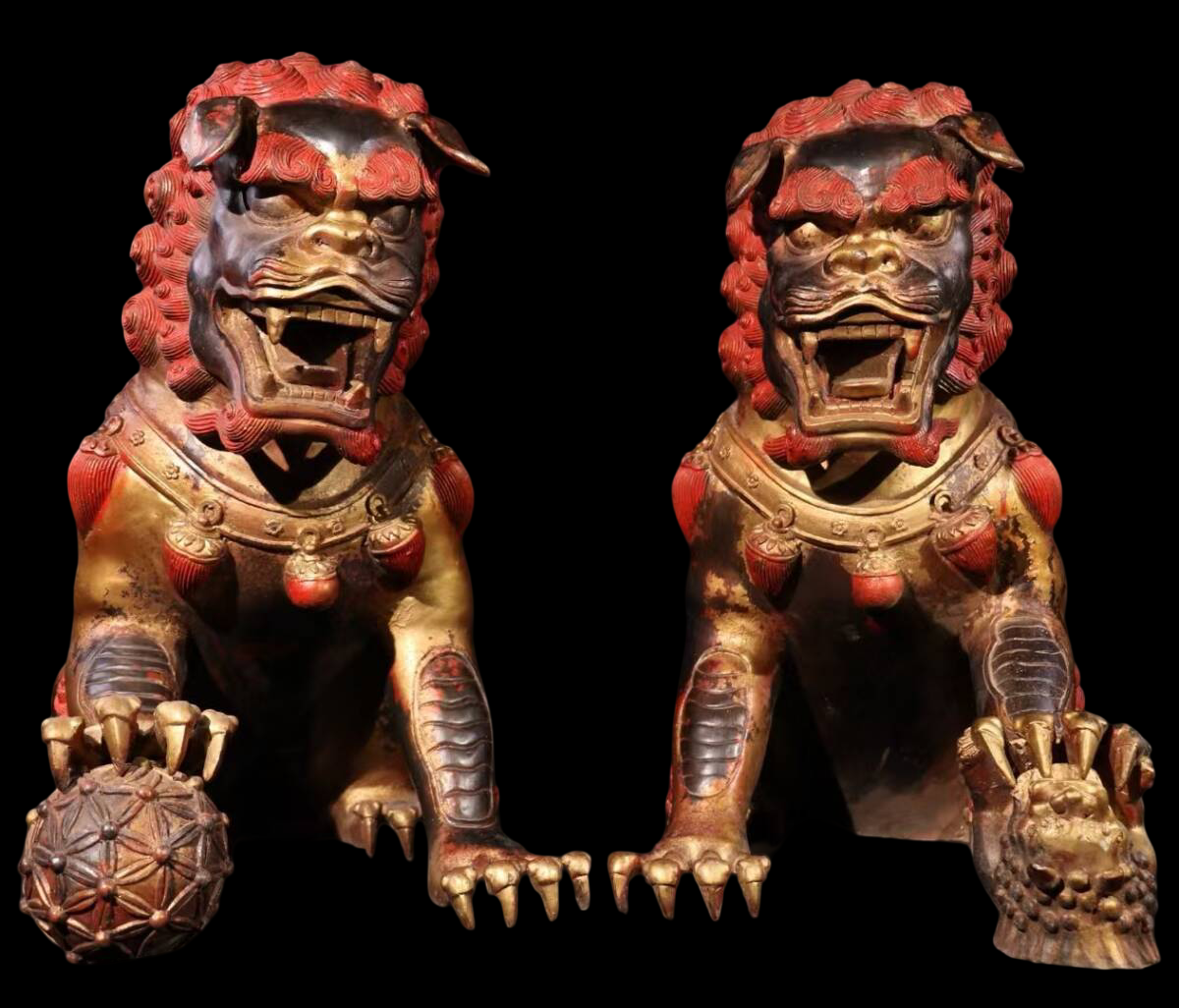 Monumental Guardian Lions Pair — Tibetan / Sino-Tibetan Temple Protectors, Gilt Bronze with Cinnabar Lacquer, Qing Style (Pair 54.5 kg)