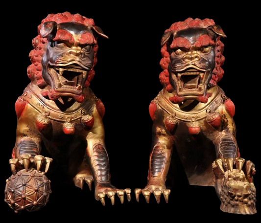 Monumental Guardian Lions Pair — Tibetan / Sino-Tibetan Temple Protectors, Gilt Bronze with Cinnabar Lacquer, Qing Style (Pair 54.5 kg)