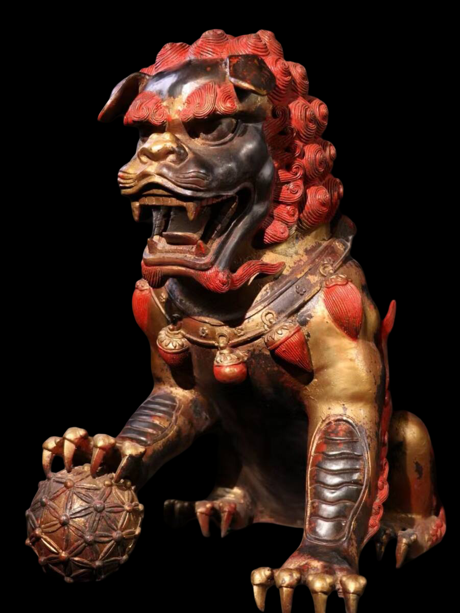 Monumental Guardian Lions Pair — Tibetan / Sino-Tibetan Temple Protectors, Gilt Bronze with Cinnabar Lacquer, Qing Style (Pair 54.5 kg)