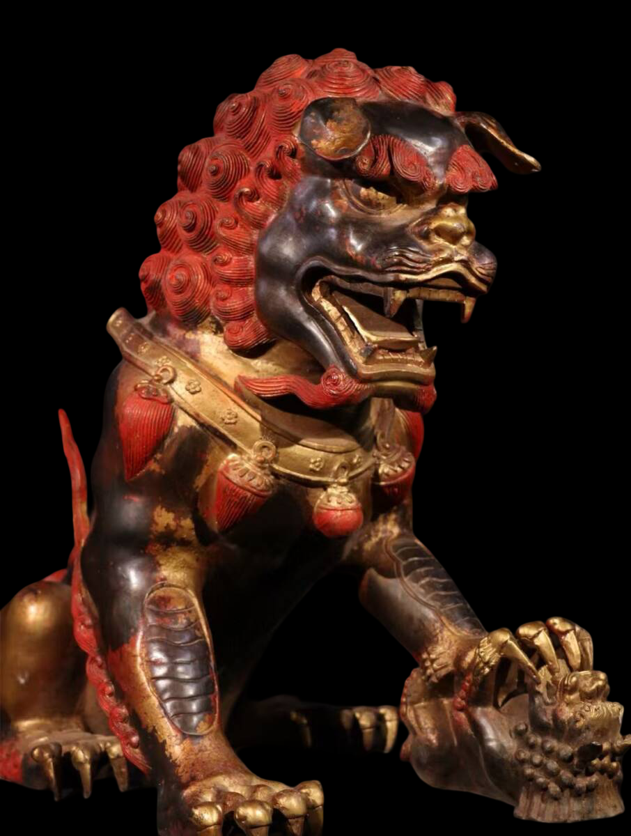 Monumental Guardian Lions Pair — Tibetan / Sino-Tibetan Temple Protectors, Gilt Bronze with Cinnabar Lacquer, Qing Style (Pair 54.5 kg)