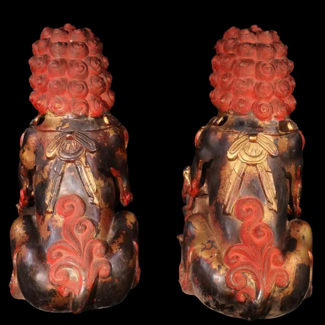 Monumental Guardian Lions Pair — Tibetan / Sino-Tibetan Temple Protectors, Gilt Bronze with Cinnabar Lacquer, Qing Style (Pair 54.5 kg)