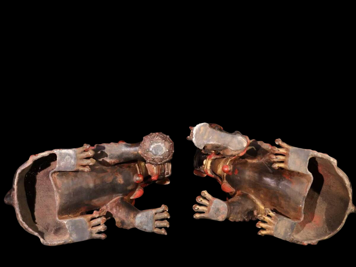 Monumental Guardian Lions Pair — Tibetan / Sino-Tibetan Temple Protectors, Gilt Bronze with Cinnabar Lacquer, Qing Style (Pair 54.5 kg)