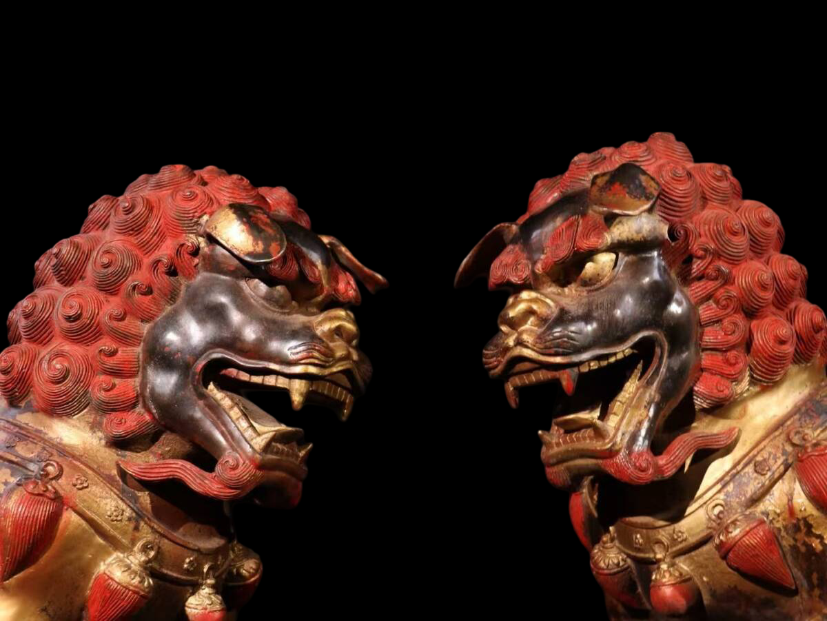 Monumental Guardian Lions Pair — Tibetan / Sino-Tibetan Temple Protectors, Gilt Bronze with Cinnabar Lacquer, Qing Style (Pair 54.5 kg)