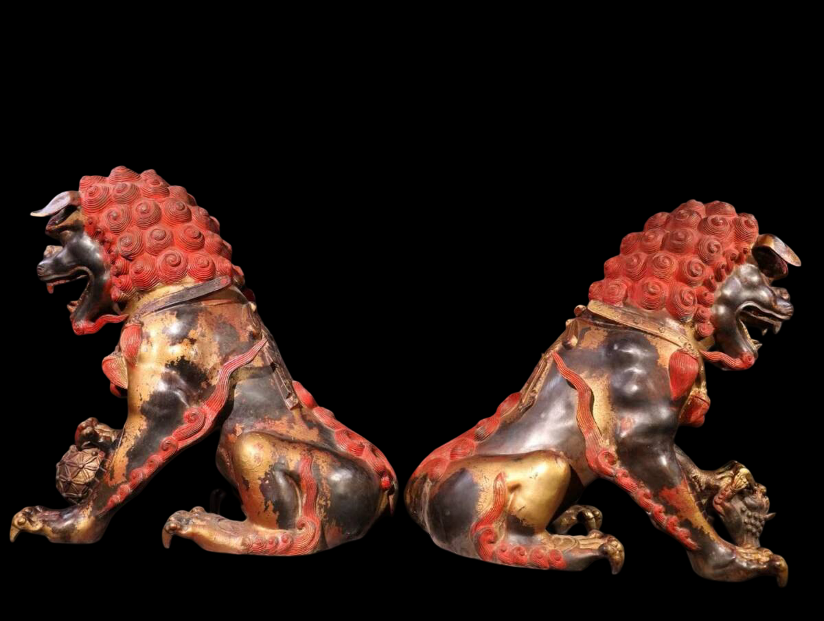 Monumental Guardian Lions Pair — Tibetan / Sino-Tibetan Temple Protectors, Gilt Bronze with Cinnabar Lacquer, Qing Style (Pair 54.5 kg)