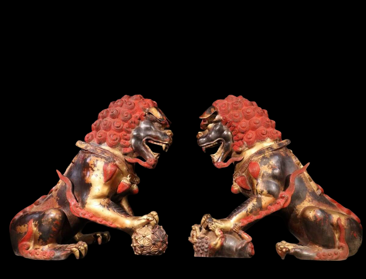 Monumental Guardian Lions Pair — Tibetan / Sino-Tibetan Temple Protectors, Gilt Bronze with Cinnabar Lacquer, Qing Style (Pair 54.5 kg)