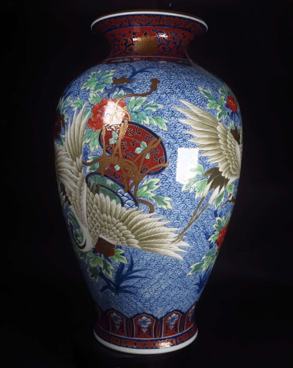 Monumental Japanese Polychrome Crane Vase — 74.5 cm Hand-Painted Porcelain Floor Vessel — Collector Interior Statement