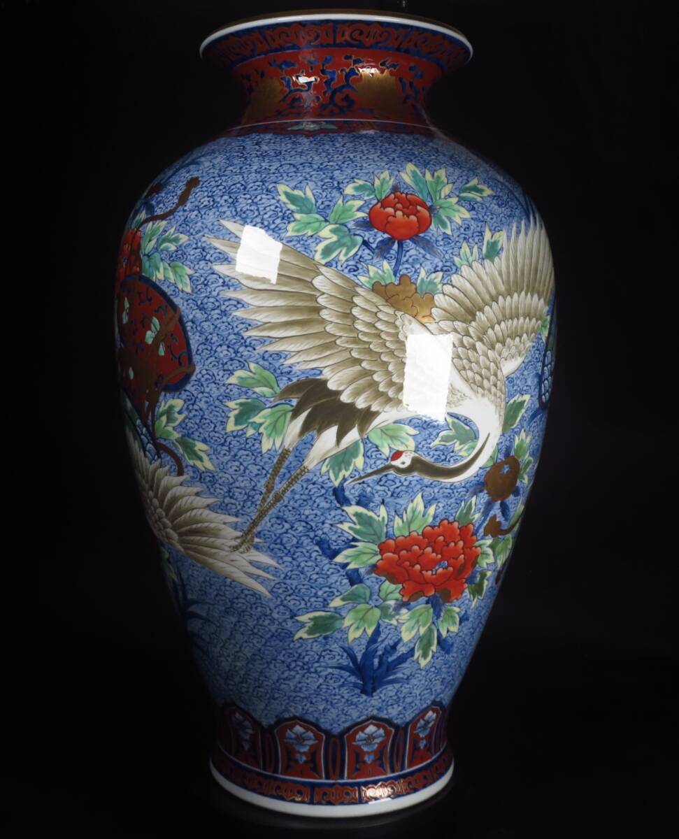 Monumental Japanese Polychrome Crane Vase — 74.5 cm Hand-Painted Porcelain Floor Vessel — Collector Interior Statement