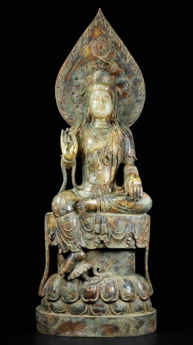 Hetian Jade Lotus Guanyin Sculpture · Monumental 72cm Carved Chinese Sacred Figure · Museum-Scale Buddhist Art Object