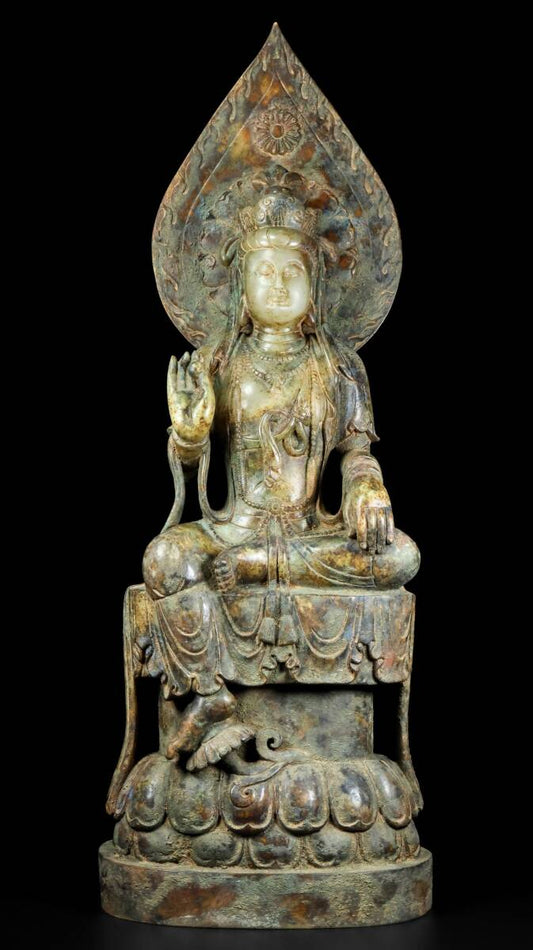 Hetian Jade Lotus Guanyin Sculpture · Monumental 72cm Carved Chinese Sacred Figure · Museum-Scale Buddhist Art Object