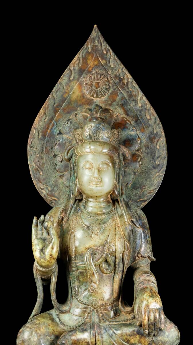 Hetian Jade Lotus Guanyin Sculpture · Monumental 72cm Carved Chinese Sacred Figure · Museum-Scale Buddhist Art Object