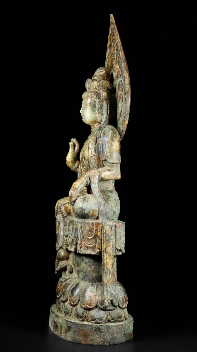 Hetian Jade Lotus Guanyin Sculpture · Monumental 72cm Carved Chinese Sacred Figure · Museum-Scale Buddhist Art Object