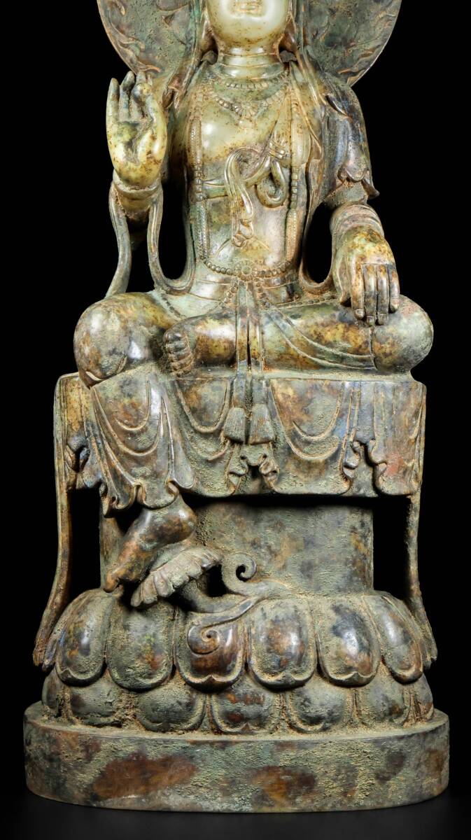 Hetian Jade Lotus Guanyin Sculpture · Monumental 72cm Carved Chinese Sacred Figure · Museum-Scale Buddhist Art Object