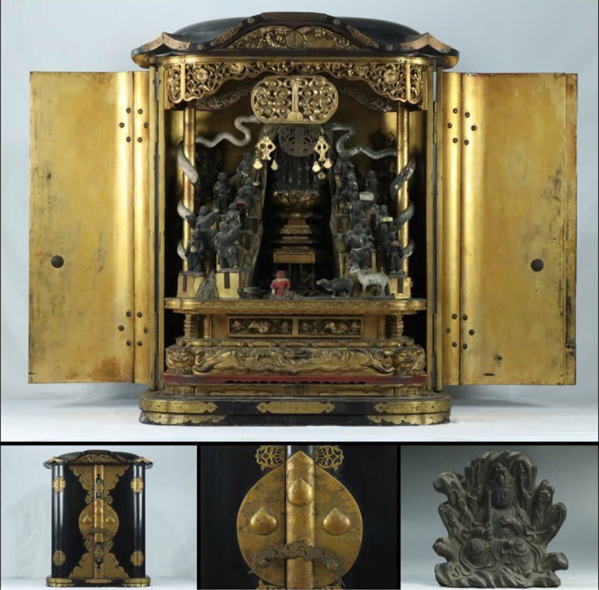 Monumental Multi-Figure Zushi Shrine (100cm Class) - Eight-Armed Benzaiten + Four Guardian Kings + Fifteen Attendants - (Temple / Estate-Scale Interior Shrine, Museum-Class)