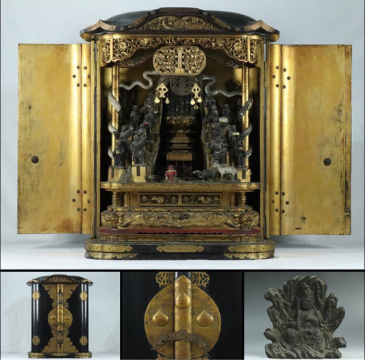 Monumental Multi-Figure Zushi Shrine (100cm Class) - Eight-Armed Benzaiten + Four Guardian Kings + Fifteen Attendants - (Temple / Estate-Scale Interior Shrine, Museum-Class)