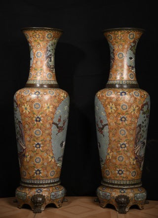 Monumental Pair of Qing Dynasty Cloisonné Vases, Qianlong Imperial Style, Chinese Enamelware (Antique, 100+ Years)