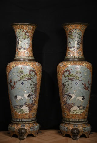 Monumental Pair of Qing Dynasty Cloisonné Vases, Qianlong Imperial Style, Chinese Enamelware (Antique, 100+ Years)