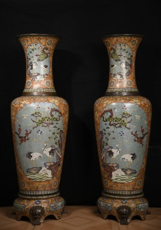 Monumental Pair of Qing Dynasty Cloisonné Vases, Qianlong Imperial Style, Chinese Enamelware (Antique, 100+ Years)