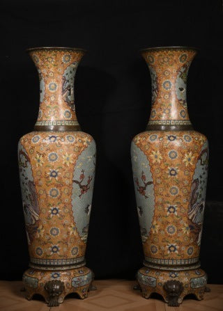 Monumental Pair of Qing Dynasty Cloisonné Vases, Qianlong Imperial Style, Chinese Enamelware (Antique, 100+ Years)