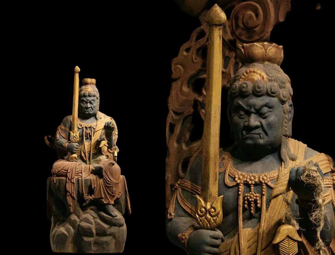 Monumental Temple-Scale Fudo Myoo Statue with Flame Mandorla — Seated Guardian, Sword & Rope Iconography, Approx. 142 cm (Vintage)