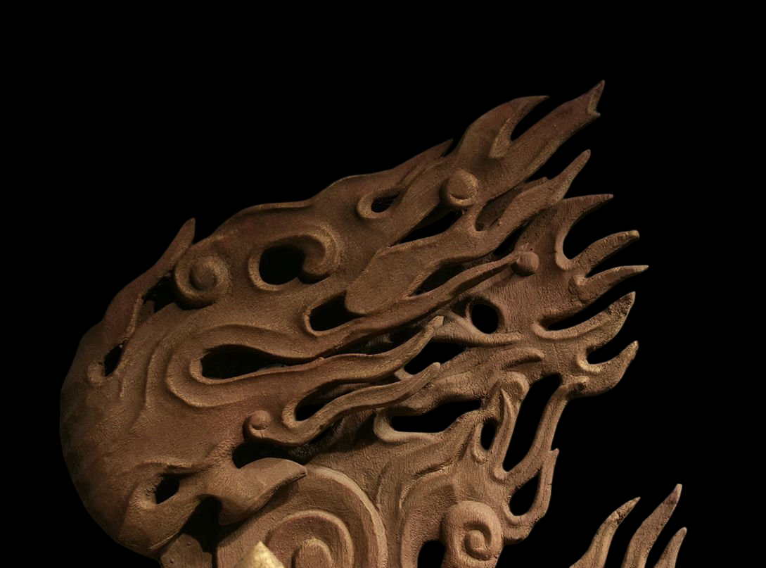 Monumental Temple-Scale Fudo Myoo Statue with Flame Mandorla — Seated Guardian, Sword & Rope Iconography, Approx. 142 cm (Vintage)