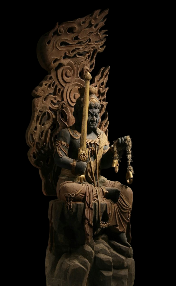Monumental Temple-Scale Fudo Myoo Statue with Flame Mandorla — Seated Guardian, Sword & Rope Iconography, Approx. 142 cm (Vintage)