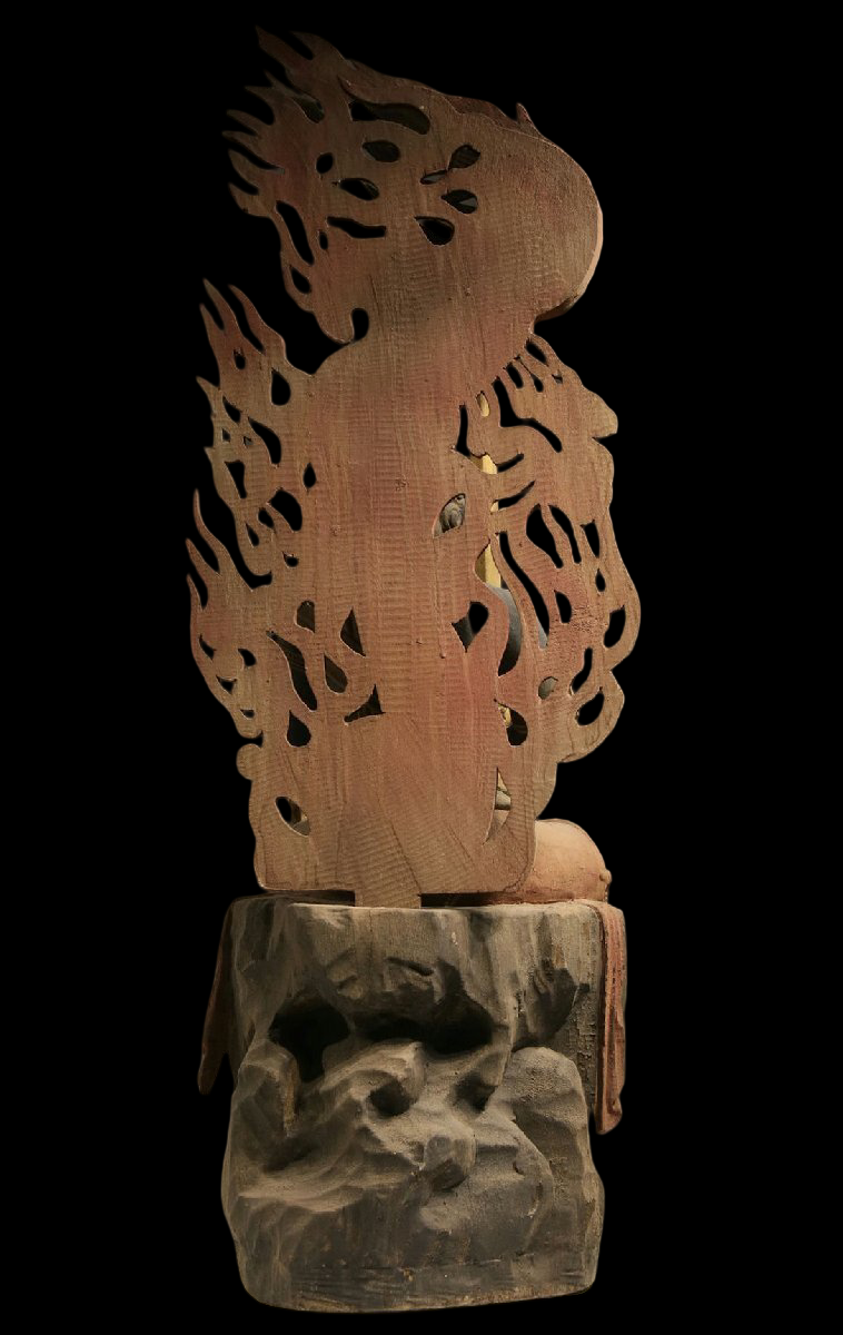 Monumental Temple-Scale Fudo Myoo Statue with Flame Mandorla — Seated Guardian, Sword & Rope Iconography, Approx. 142 cm (Vintage)