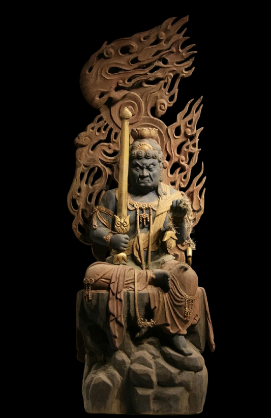 Monumental Temple-Scale Fudo Myoo Statue with Flame Mandorla — Seated Guardian, Sword & Rope Iconography, Approx. 142 cm (Vintage)