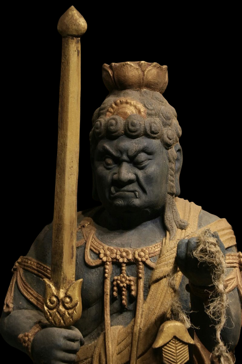 Monumental Temple-Scale Fudo Myoo Statue with Flame Mandorla — Seated Guardian, Sword & Rope Iconography, Approx. 142 cm (Vintage)