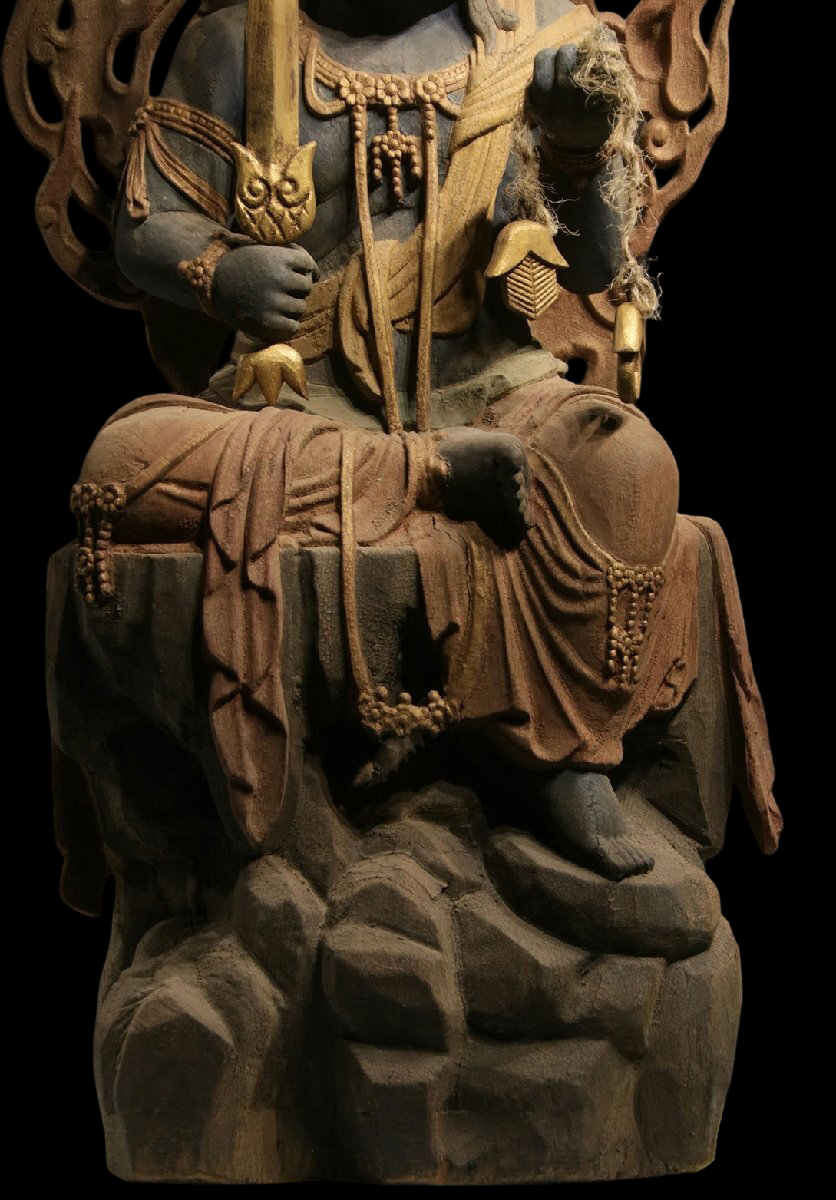 Monumental Temple-Scale Fudo Myoo Statue with Flame Mandorla — Seated Guardian, Sword & Rope Iconography, Approx. 142 cm (Vintage)