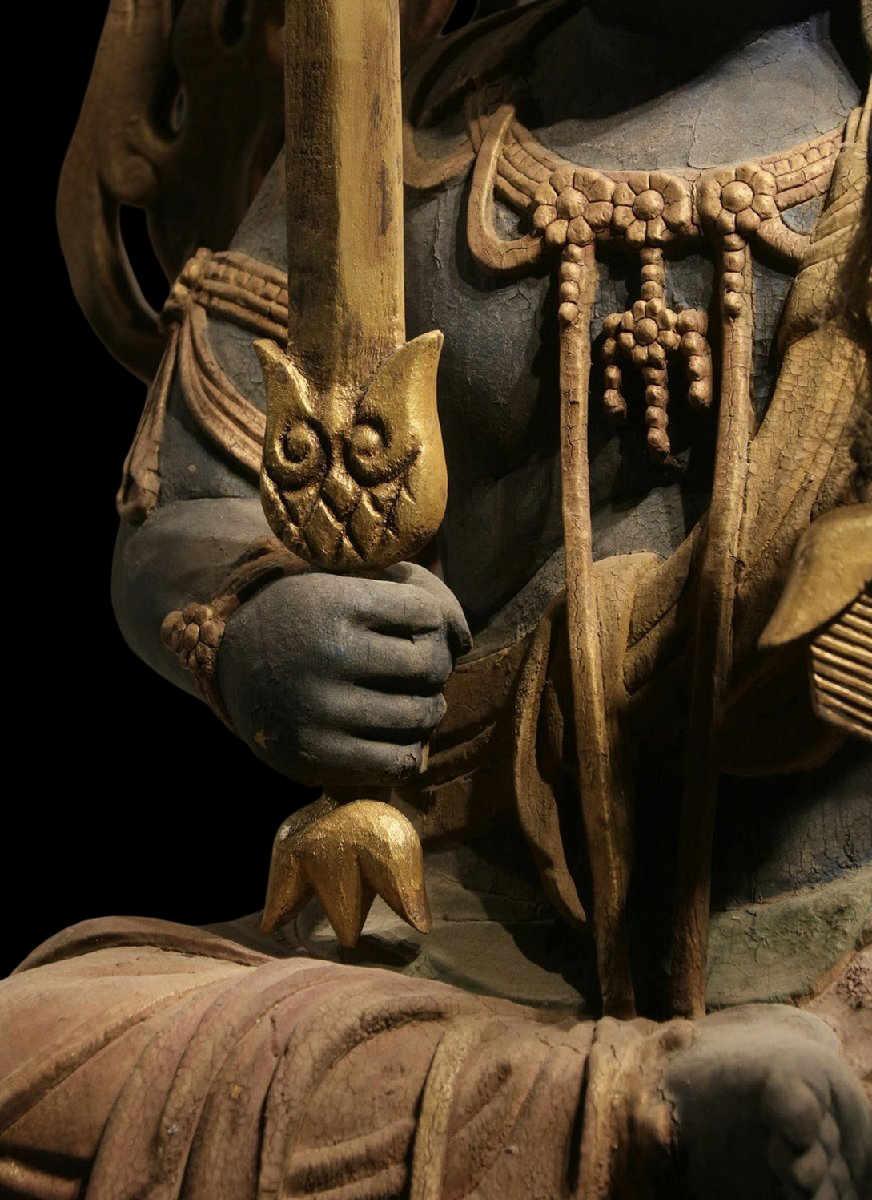 Monumental Temple-Scale Fudo Myoo Statue with Flame Mandorla — Seated Guardian, Sword & Rope Iconography, Approx. 142 cm (Vintage)