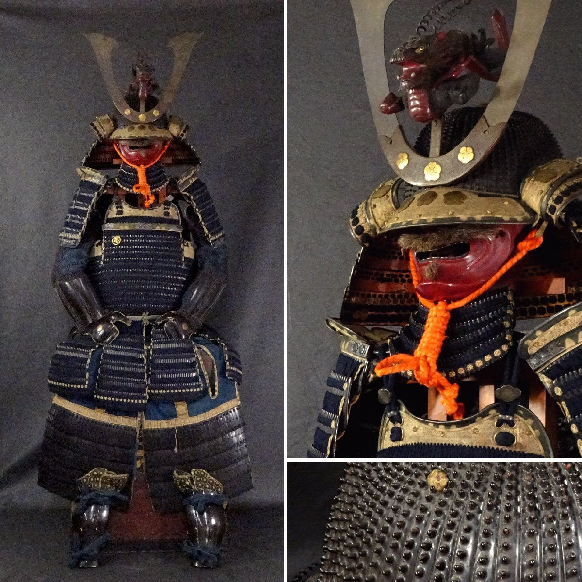 Museum-Grade Muromachi-to-Edo Lineage Gusoku Yoroi Armor — Black-Lacquer Iron “Ko-boshi” Kabuto (62-Plate / 62-Interval Claim), Navy Silk Odoshi, Menpo with Bold Red Lacquer, Complete Display Ensemble