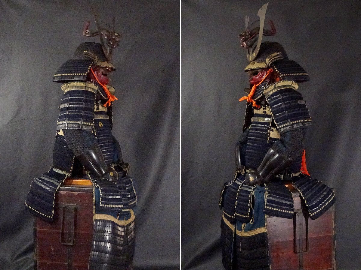 Museum-Grade Muromachi-to-Edo Lineage Gusoku Yoroi Armor — Black-Lacquer Iron “Ko-boshi” Kabuto (62-Plate / 62-Interval Claim), Navy Silk Odoshi, Menpo with Bold Red Lacquer, Complete Display Ensemble