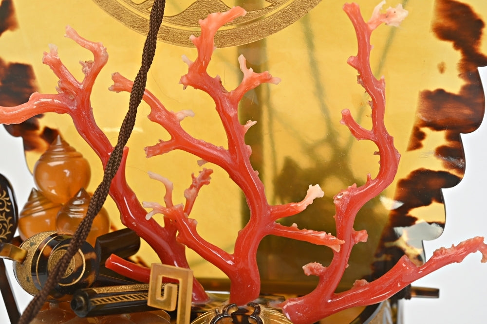 Nagasaki Bekko Phoenix Treasure Ship — Plate-Constructed Decorative Vessel with Blood-Red Coral Accents | Includes Glass Display Case (30 cm)