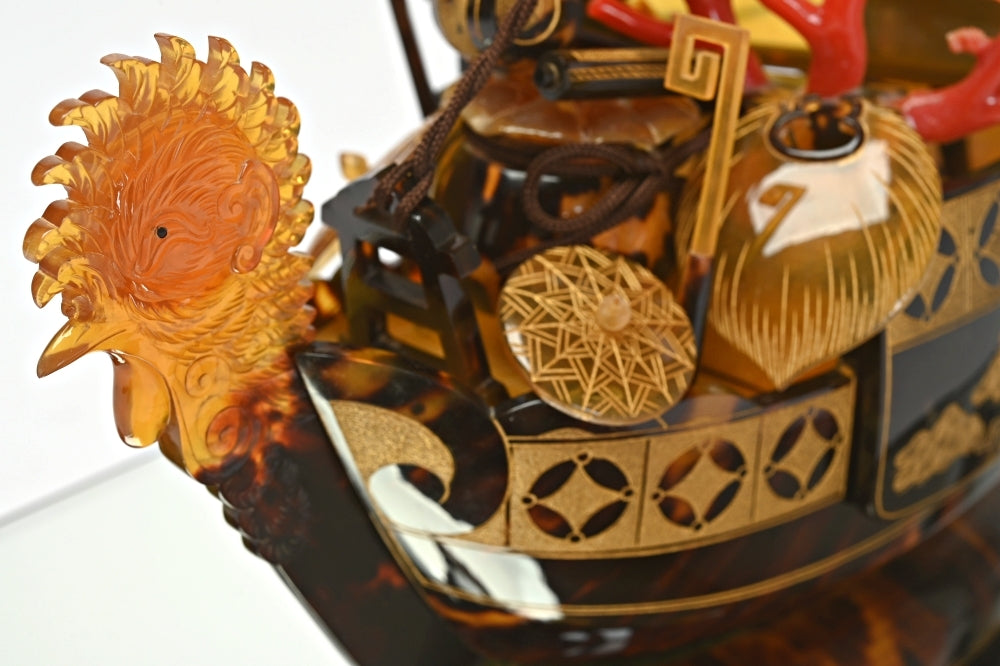 Nagasaki Bekko Phoenix Treasure Ship — Plate-Constructed Decorative Vessel with Blood-Red Coral Accents | Includes Glass Display Case (30 cm)