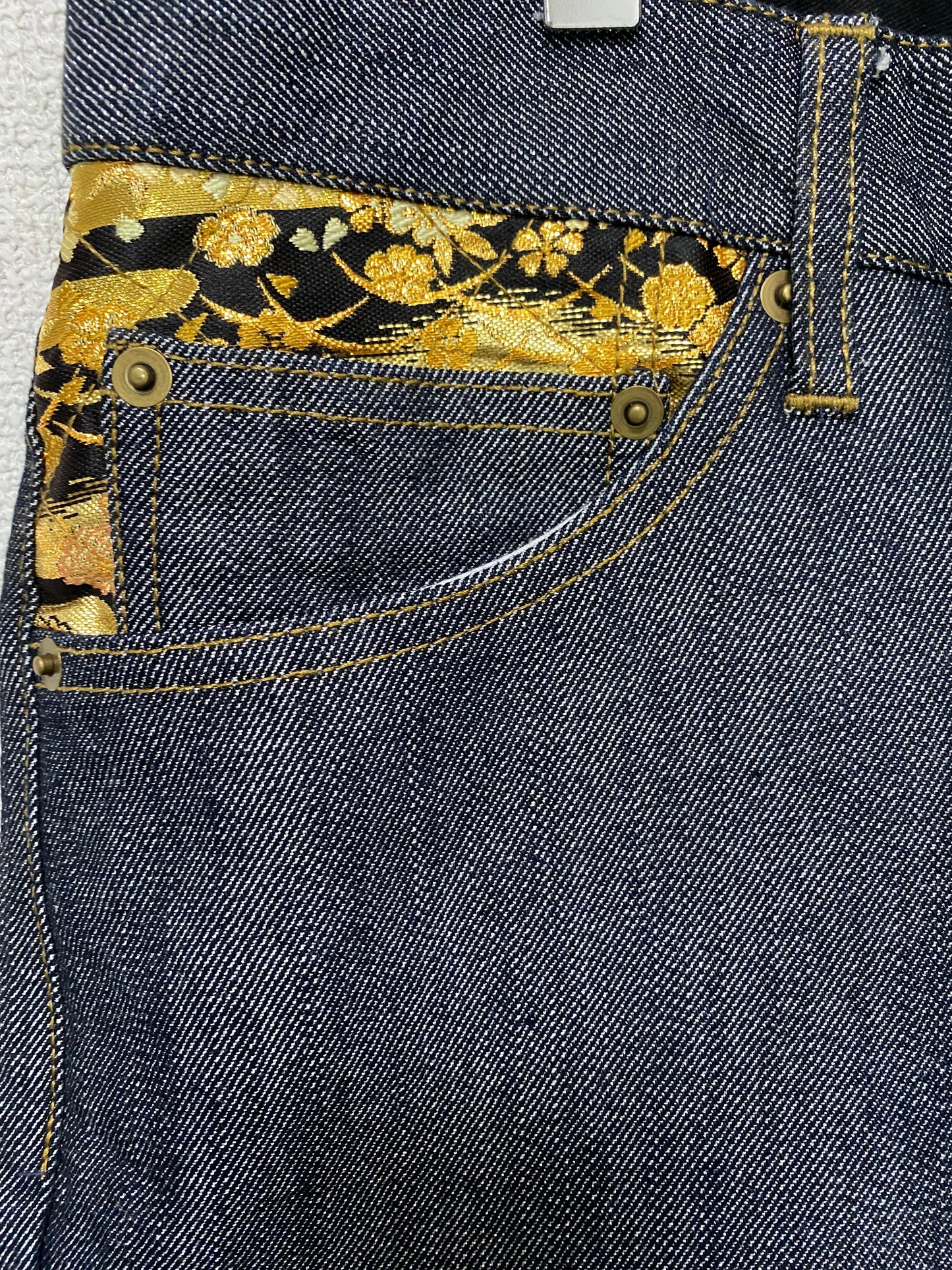 Japanese Wagara Kanji Gold Brocade Denim Jeans | Nishiki Style Sakura Jacquard Pants | Made in Japan Inspired Wide Leg Denim | New With Tags