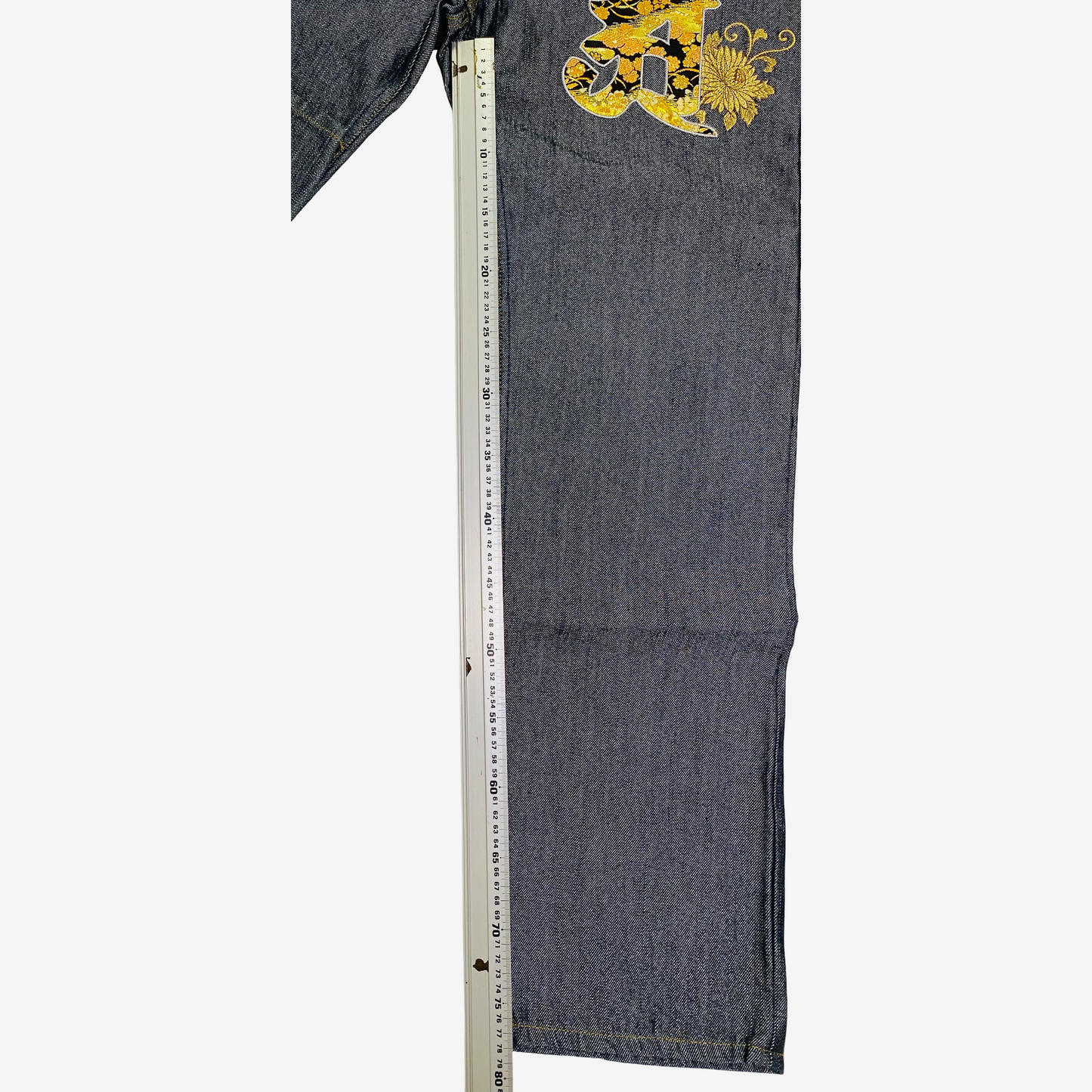 Japanese Wagara Kanji Gold Brocade Denim Jeans | Nishiki Style Sakura Jacquard Pants | Made in Japan Inspired Wide Leg Denim | New With Tags
