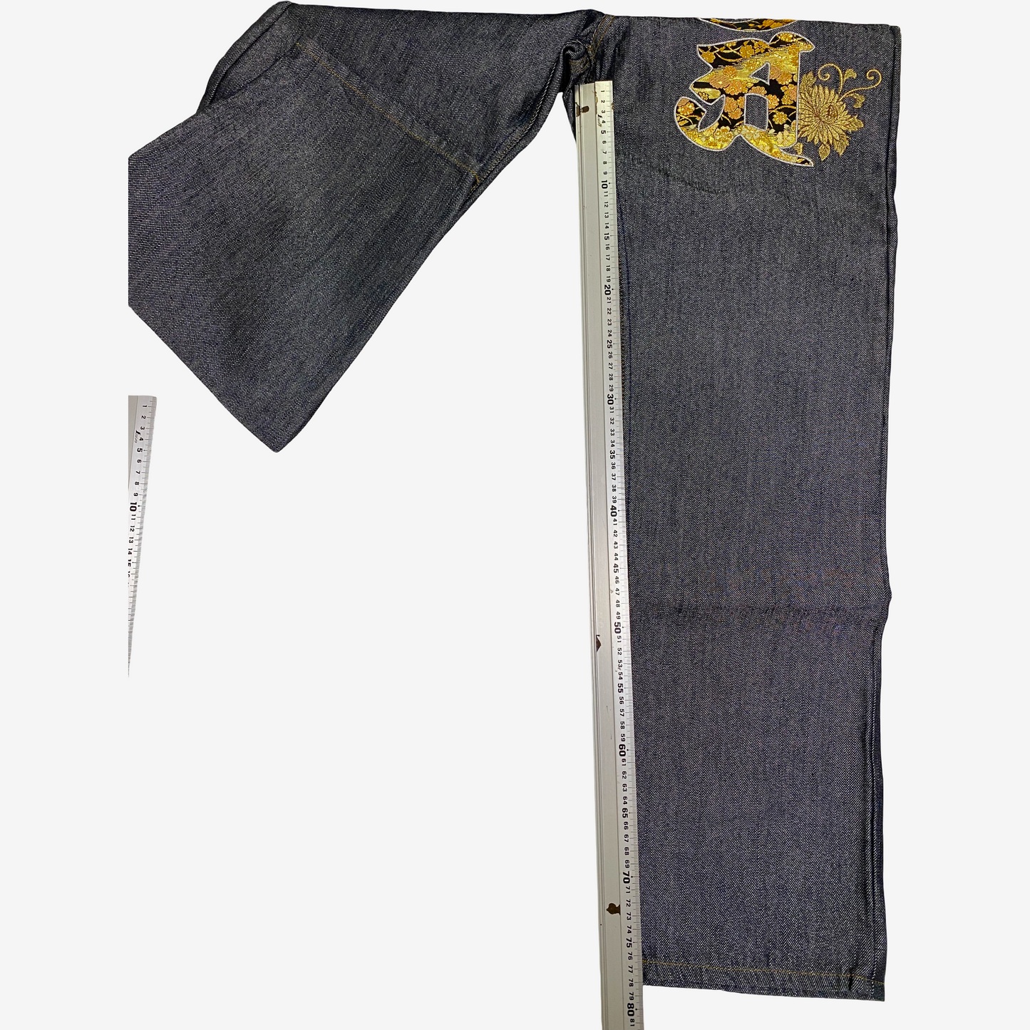 Japanese Wagara Kanji Gold Brocade Denim Jeans | Nishiki Style Sakura Jacquard Pants | Made in Japan Inspired Wide Leg Denim | New With Tags