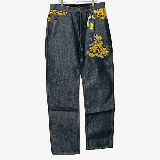 Japanese Wagara Kanji Gold Brocade Denim Jeans | Nishiki Style Sakura Jacquard Pants | Made in Japan Inspired Wide Leg Denim | New With Tags