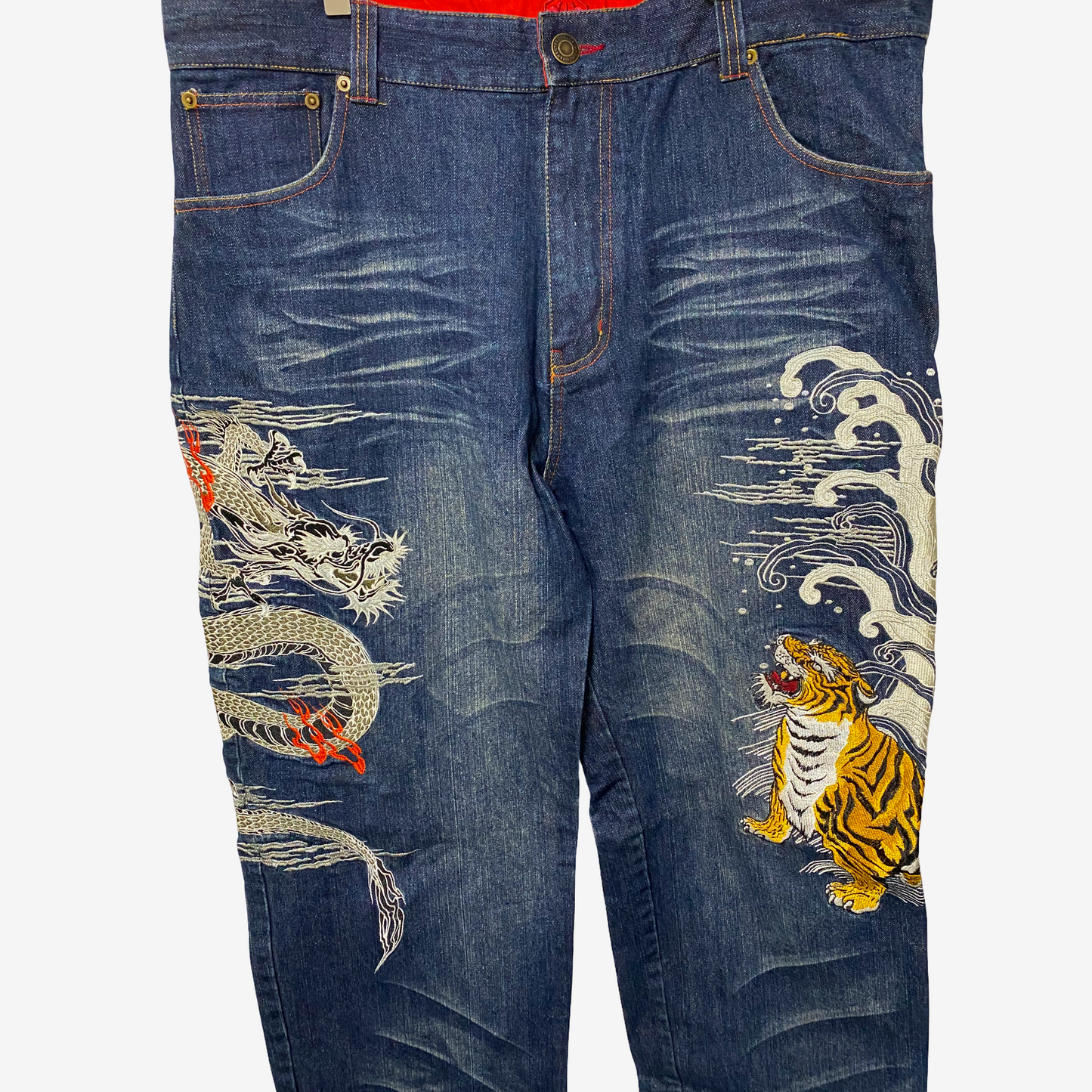 Kacho Fugetsu Japanese Dragon & Tiger Embroidered Denim Pants | Wagara Wide Leg Jeans | Japanese Tradition Denim | Size 40 (100 cm Waist)