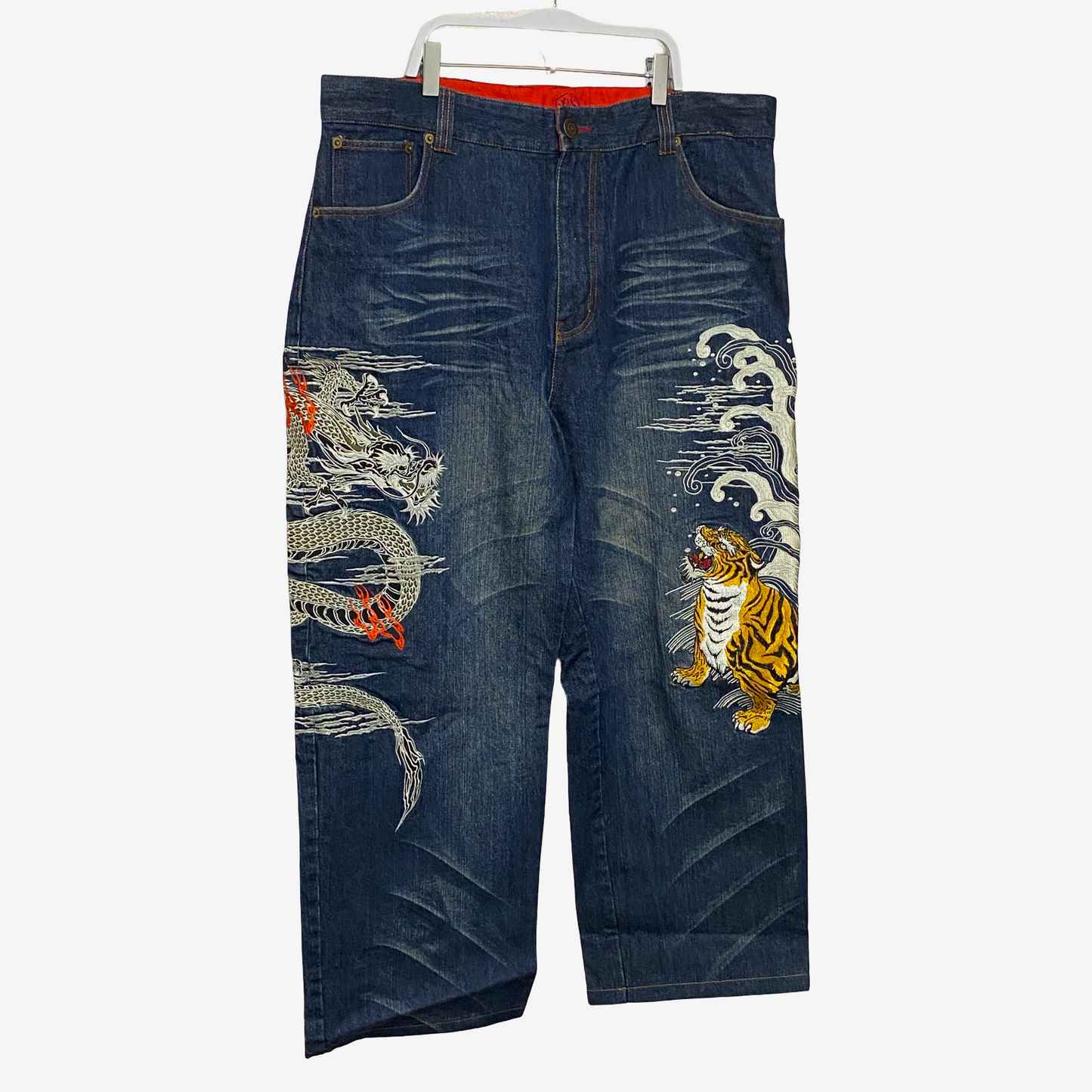Kacho Fugetsu Japanese Dragon & Tiger Embroidered Denim Pants | Wagara Wide Leg Jeans | Japanese Tradition Denim | Size 40 (100 cm Waist)
