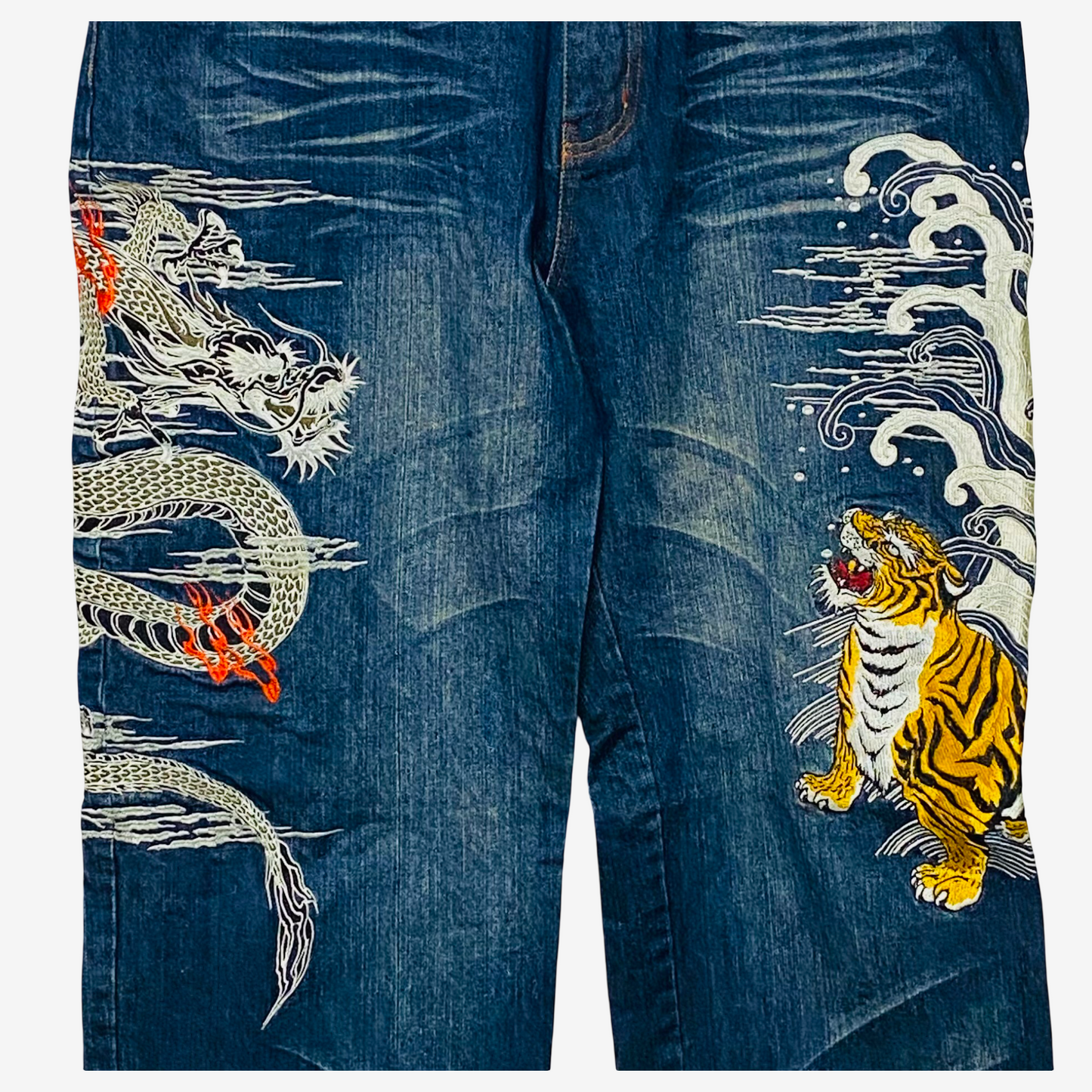 Kacho Fugetsu Japanese Dragon & Tiger Embroidered Denim Pants | Wagara Wide Leg Jeans | Japanese Tradition Denim | Size 40 (100 cm Waist)