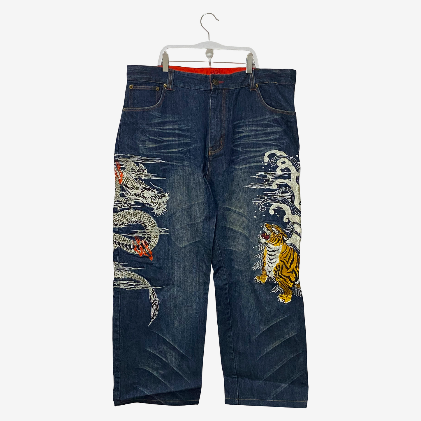 Kacho Fugetsu Japanese Dragon & Tiger Embroidered Denim Pants | Wagara Wide Leg Jeans | Japanese Tradition Denim | Size 40 (100 cm Waist)